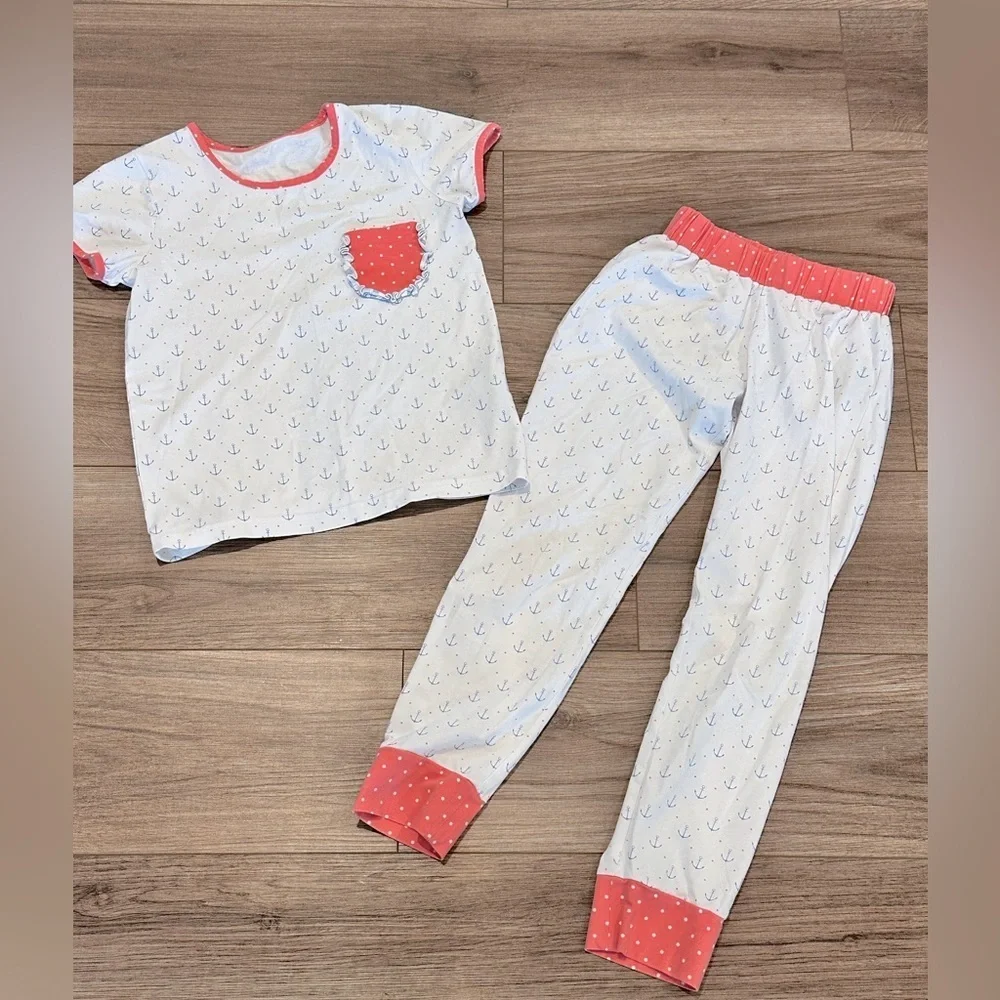 Serendipity Girls 7-8 Anchor Print Kids Pajamas Set - White and Pink